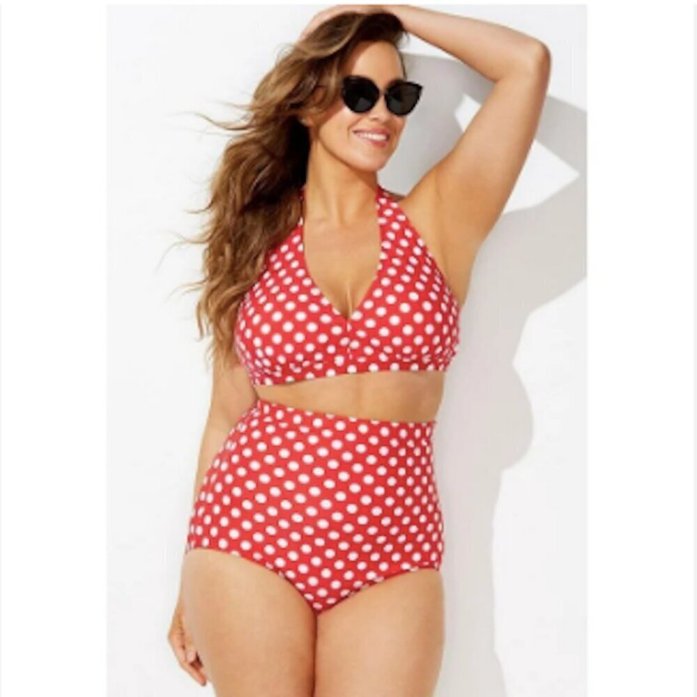 SWIMSUITS FOR ALL Diva Halter High Waist Bikini Set Polka Dot PinUp Rockabilly12
